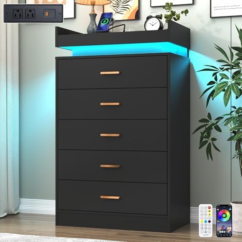 Hlivelood 5 Drawer Dresser with LED Light and Charging Station, Modern Chest of Drawers for Closet, Wide Drawer Organizer Cabinet, Living Room, Entryway, Hallway, Black