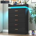 Hlivelood 5 Drawer Dresser with LED Light and Charging Station, Modern Chest of Drawers for Closet, Wide Drawer Organizer Cabinet, Living Room, Entryway, Hallway, Black