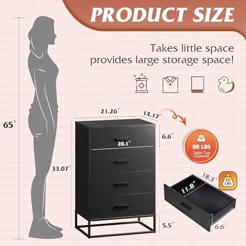 WLIVE Black Dresser for Bedroom with 4 Drawers, Tall Dresser with Sturdy Metal Frame, Wood Chest of Drawers for Closet, Living Room, Hallway
