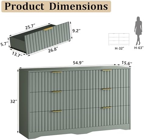 6 Drawer Dresser and Nightstand Sets for Bedroom, Modern Fluted 3 Pcs Bedroom Dresser Furniture Sets, Wood Chest of Drawers and Nightstand Set of 2 with Metal Handles, Green