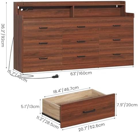 Bigbiglife 9 Drawer Dresser with Built in Power Outlet and LED Light, Modern Chest of Drawers for Bedroom, Triple Wide Drawer Organizer Cabinet for Living Room, Entryway, Hallway, Walnut Brown