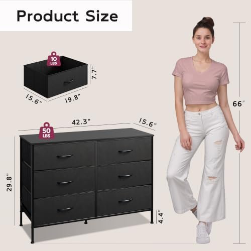 WLIVE Black Fabric Dresser for Bedroom, 6 Drawer Dressers, Chest of Drawers