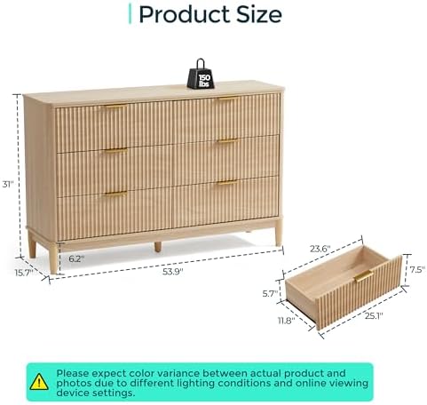 LINSY HOME Fluted Dresser for Bedroom with 6 Drawers, 54" Wide Mid Century Modern Dressers, Tall Boho Chest of Drawers, Large Wood Accent Storage Cabinet for Living Room, Curved Profile Design, Oak
