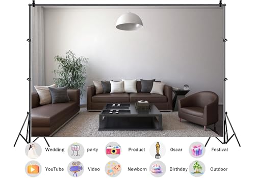 Brown Leather Sofa White Wall Living Room Backdrop Classic Neutral Tone Interior Background Home Decor Theme Party Decorations Wall Hanging Photo Studio Props 7X5ft Fabric - size: 7X5ft