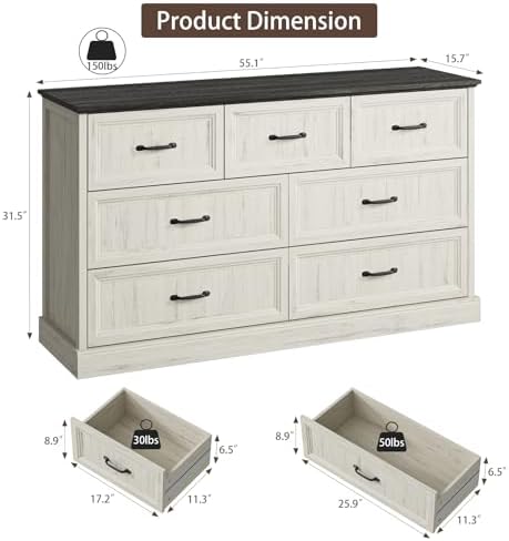 Farmhouse 7 Drawer Dresser for Bedroom, 55" White Dresser with TV Stand