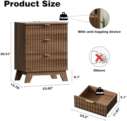 Xixini Fluted Nightstand with Charging Station, Tall Bedside Table, Walnut