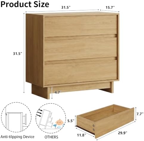 HOUROM Oak Dresser for Bedroom, 31in Modern 3 Drawer Chest of Drawers