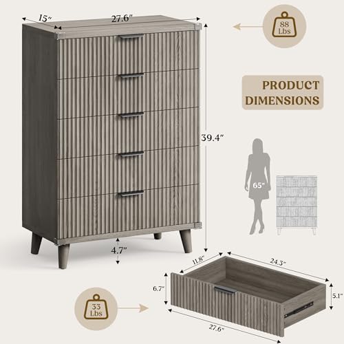 Wood Tall 5 Drawers Dresser, 27.6" W Fluted Modern Dressers for Bedroom
