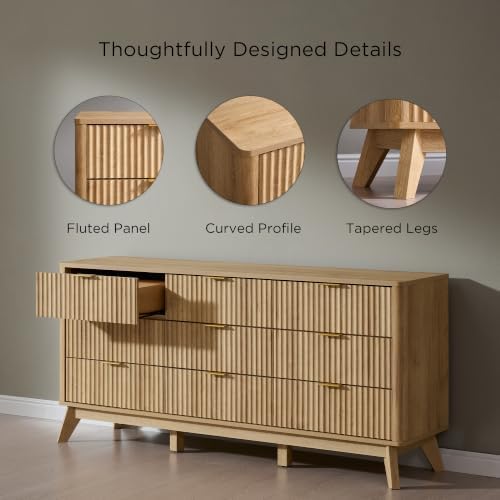 T4TREAM 63" Wide Fluted 9 Drawer Dresser for Bedroom, Natural Oak