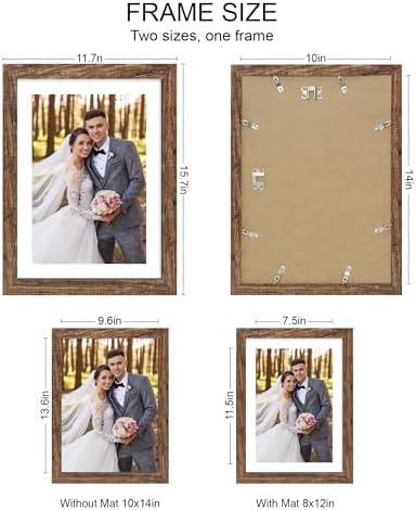 Hongkee 10x14 Picture Frame Set of 4, Made of Glass and Rustic Brown Wooden Frame, Display 8x12 Pictures with Mat or 30 x 40cm Diamond Painting Art without Mat for Wall Mounting, Gallery Photo Frames