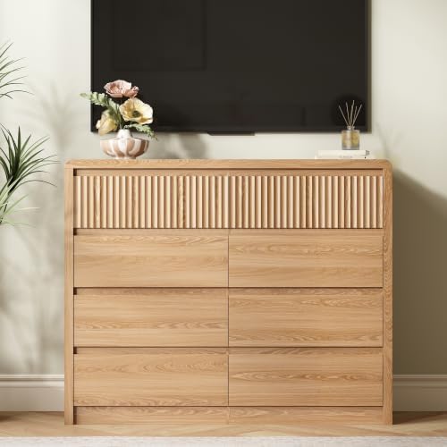 LYNSOM Oak Fluted 8 Drawer Dresser for Bedroom, Curved Edge, 50" Wide