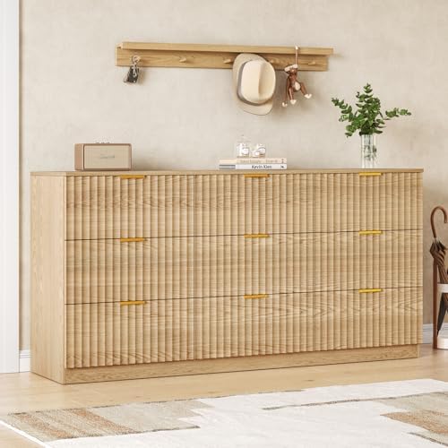 60.3" Wide Fluted 9 Drawer Dresser for Bedroom, Natural