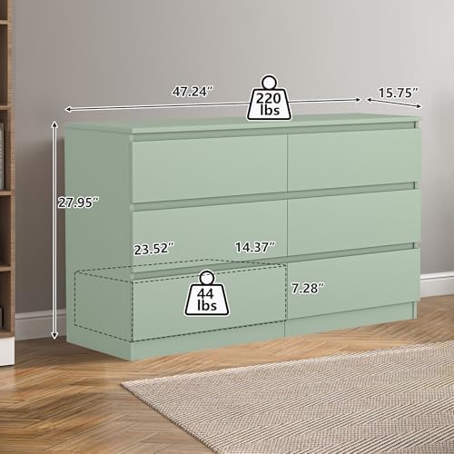 Vibe & Dine 6 Drawer Double Dresser, Modern Chest of Drawers with Wide Storage for Closet, Bedroom, Living Room (Light Green)