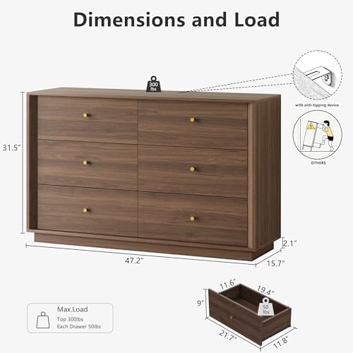 FORTUNETEC 47" Wide 6 Drawer Dresser for Bedroom, Walnut