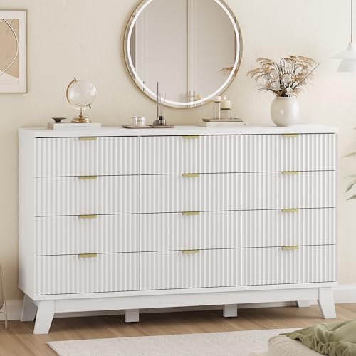 Xixini Fluted Dresser for Bedroom with 12 Drawers, 57" Wide Modern Chest of Drawers with Metal Handle, Wooden Dresser TV Stand, Wood Closet Clothes Storage Organizer for Living Room, Hallway, White
