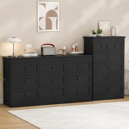 wanan Black 9 Drawer Dresser for Bedroom, Modern 59'' Wide Wood Chest of Drawers, Dresser TV Stand, Storage Organizer with Metal Handles for Living Room, Hallway, Entryway