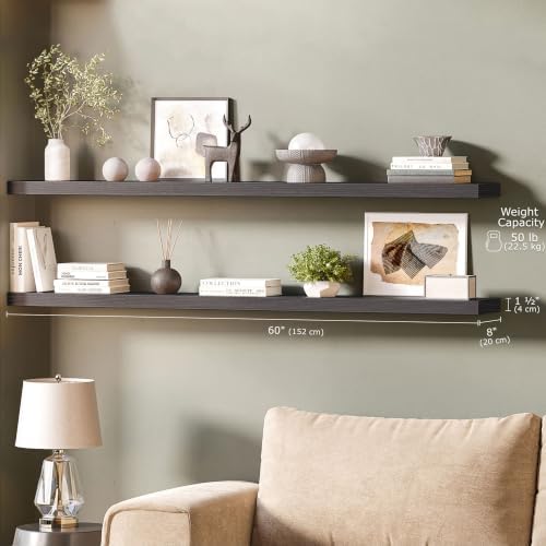Ballucci Floating Shelves for Wall, 60" Wood Wall Shelf Set of 2, with Invisible Brackets for Bathroom, Living Room, Bedroom, Kitchen, Nursery, 8" Deep, Black