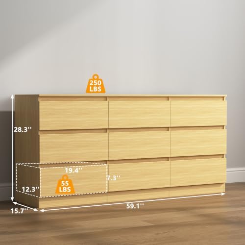 Vibe & Dine 9 Drawer Dresser, 59.1" Long Dresser for Bedroom Free Handle, Modern Wooden Chest of Drawers with Wide Storage for Living Room, Natural Wood