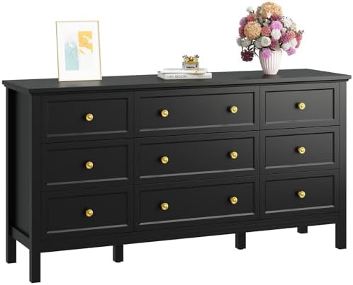 CARPETNAL 59" Black Dresser for Bedroom with 9 Drawer & Modern Gold Handles