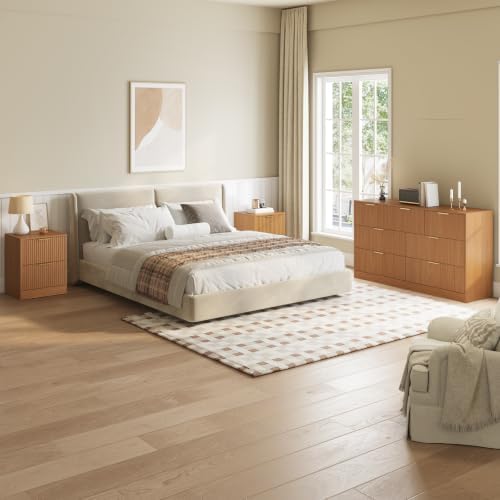 7 Drawer Dresser & 2-Drawer Nightstand Set 3-Piece, Natural Wood丨55 Wide Bedroom Set Night Stand Set of 2 with Metal Handle, Fluted Wood Chest of Drawers Storage Dressers Set for Bedroom