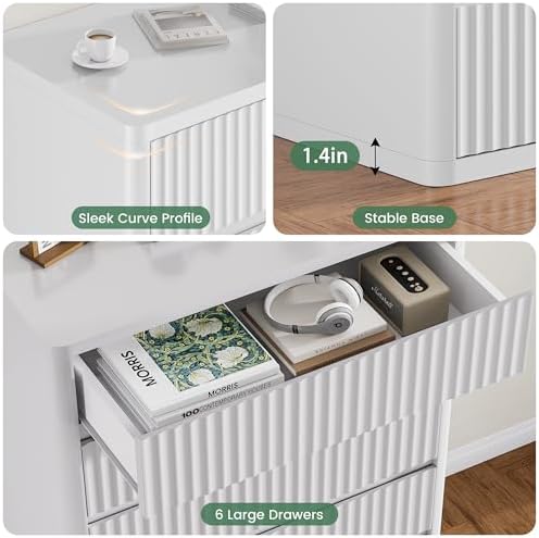 Standifurno White 56" Tall Dresser for Bedroom, Fluted Vertical Dresser with 6 Deep Drawers, Modern Chest of Drawers with Curved Profile, Wooden Drawer Organizer for Living Room, Hallway, Closet