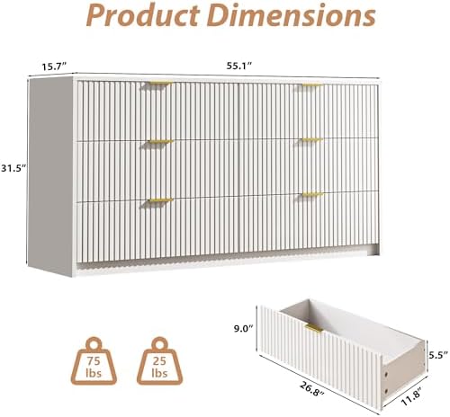 MAISONARIA White 6 Drawer Dresser for Bedroom, 55" Wide Modern Chest of Drawers with Gold Metal Handles, Fluted Wood TV Stand for Living Room, Hallway
