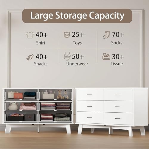 Xixini Dresser for Bedroom, 6 Drawer Wide Modern Chest of Drawers with X-Shaped Sturdy Base, Wood Double Dresser Closet Clothes Storage Organizer, Wooden TV Stand for Living Room, Hallway, White