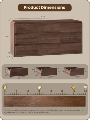 Modern 63" Wide 9 Drawers Dresser with Curved Profile Design,Walnut