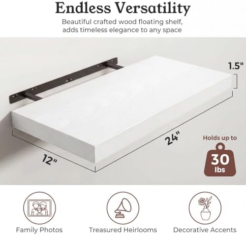 24" White Floating Shelves 12inch Deep Wall Shelf, Set of 2
