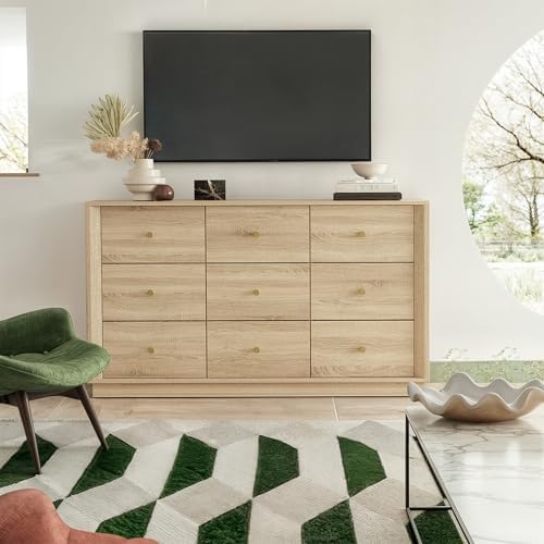 FORTUNETEC 55" Wide 9 Drawer Dresser for Bedroom, Oak