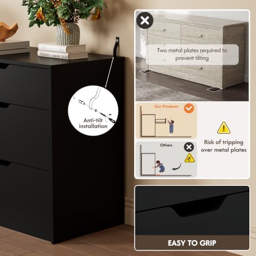 YESHOMY Black Dresser for Bedroom, 47.2" Modern Wood Chest with 6 Drawers