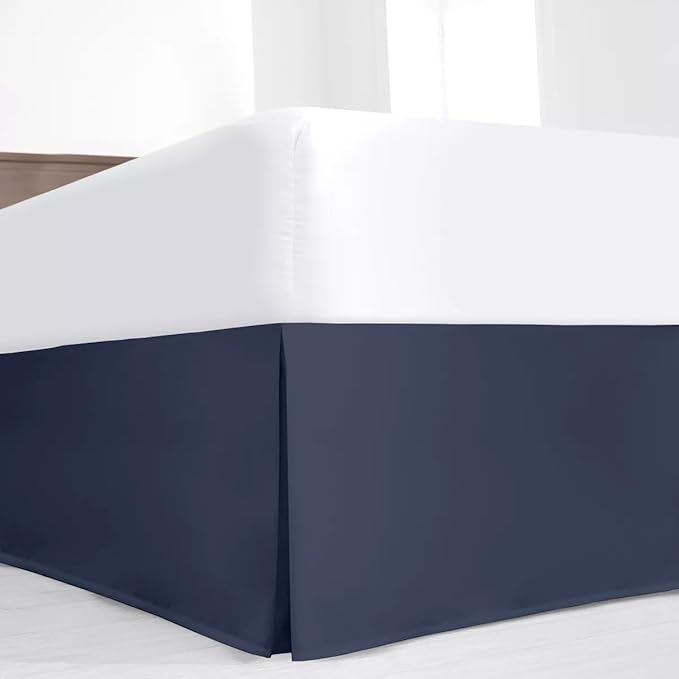 SKY BEDDINGS Luxury Pleated King Bed Skirt with Split Corners - 14 Inch Tailored Drop - Pleated Dust Ruffle - Wrinkle-Free 100% Microfiber - Easy Fit, Soft & Durable - Navy Blue