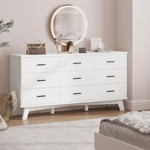 Xixini Dresser for Bedroom, 9 Drawer Wide Modern Chest of Drawers with X-Shaped Sturdy Base, Wood Double Dresser Closet Clothes Storage Organizer, Wooden TV Stand for Living Room, Hallway, White