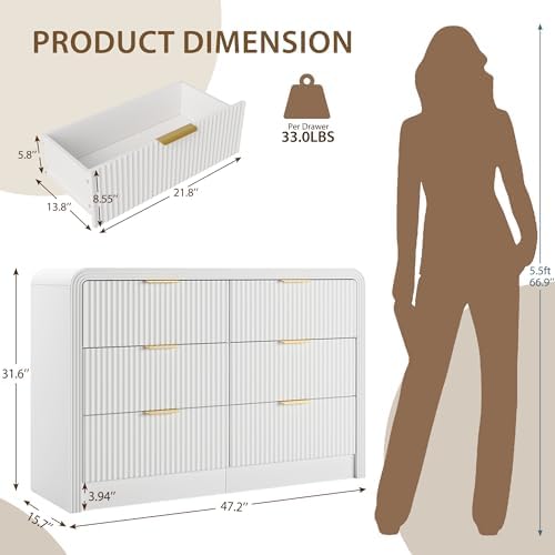 Decofy 47" H Fluted 6-Drawer Dresser for Bedroom, Pure White
