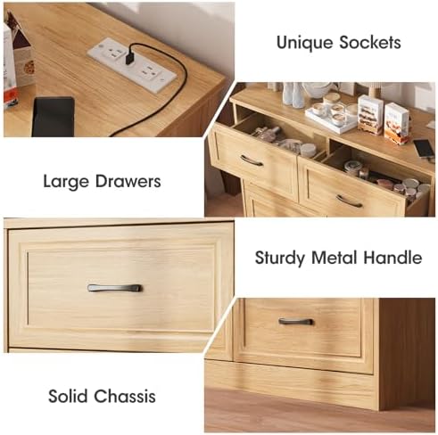 Fameill Dresser for Bedroom, 6 Drawer Wide Dresser Organizer with Charging Station for Hallway with Metal Handles, Oak