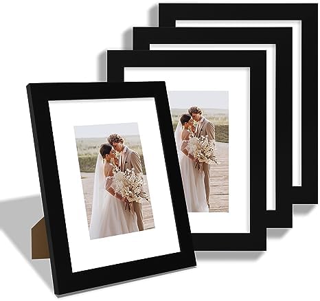 Hongkee 8x10 Picture Frame Set of 4, Made of Real Glass and Black Wooden Frame, 8 by 10 Photo for Wall or Tabletop - Display Picture 5x7 with Mat or 8x10 Without Mat