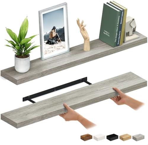 Ballucci Floating Shelves for Wall, 48" Wood Wall Shelf Set of 2, with Invisible Brackets for Bathroom, Living Room, Bedroom, Kitchen, Nursery, 8" Deep, Rustic Gray