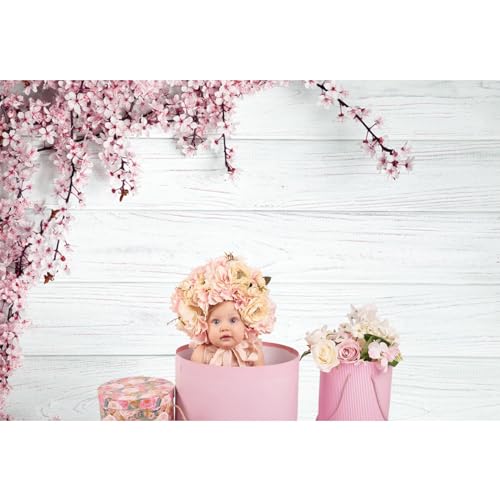 12x10ft Valentine's Day Backdrop Countryside Rustic White Wood Plank with Wood Texture Spring Pink Blossom Peach Apricot Cherry Background Children Baby Adults Portraits Backdrop - size: 12x10ft