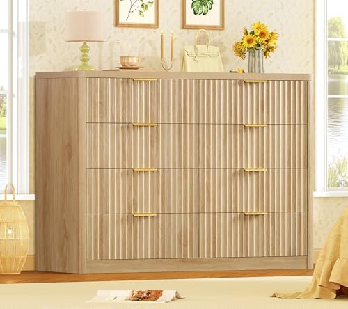 TEENOFN Fluted Dresser for Bedroom with 8 Drawers, 47.2" Wide Modern Chest of Drawers with Metal Handle, Dresser TV Stand, Wood Closet Clothes Storage Organizer for Living Room, Hallway, Natural