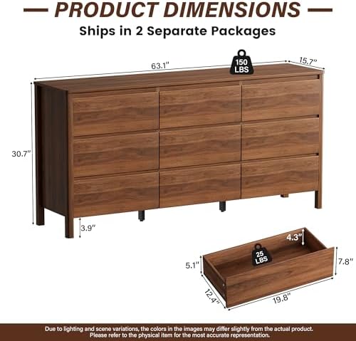 Furniway 63" Mid-Century Modern Dresser for Bedroom, 9 Drawer Wide Chest of Drawers with Wood Legs, Large Storage Bedroom Dresser, Walnut