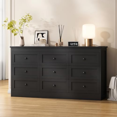 wanan Black 9 Drawer Dresser for Bedroom, Modern 59'' Wide Wood Chest of Drawers, Dresser TV Stand, Storage Organizer with Metal Handles for Living Room, Hallway, Entryway