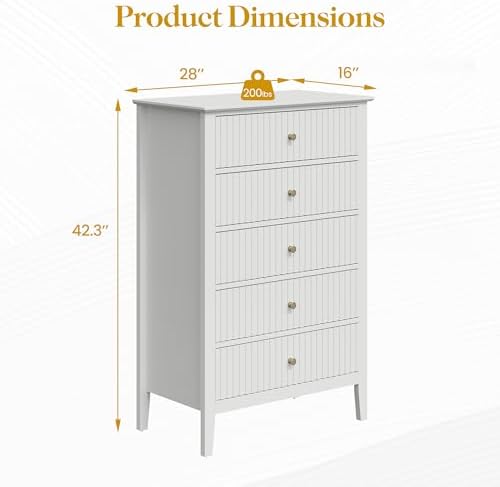 RoyalCraft White Fluted 5 Drawer Dresser for Bedroom, Tall Chest of Drawers, Waterproof Lacquered Desktop,Modern Wood Storage Cabinet for Living Room