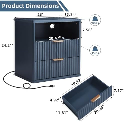 LEYAOYAO Fluted Nightstand Set of 2 with Charging Station,23" Farmhouse Nightstand with Woodgrain Top,Blue 3 Drawer End Table w/Storage, BedsideTables for Bedroom, Living Room, Curved Profile