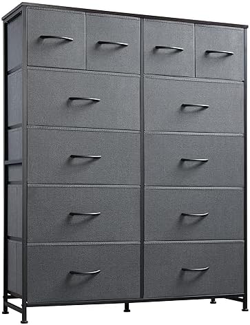 WLIVE 12 Drawer Tall Fabric Dresser Bedroom Storage Chest, Dark Grey