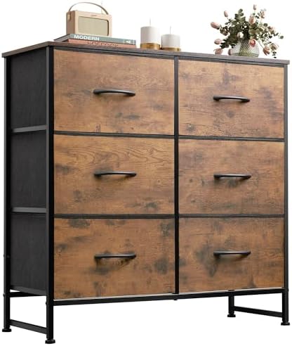 WLIVE Dresser for Bedroom with 6 Drawers, Rustic Brown Wood Grain Print