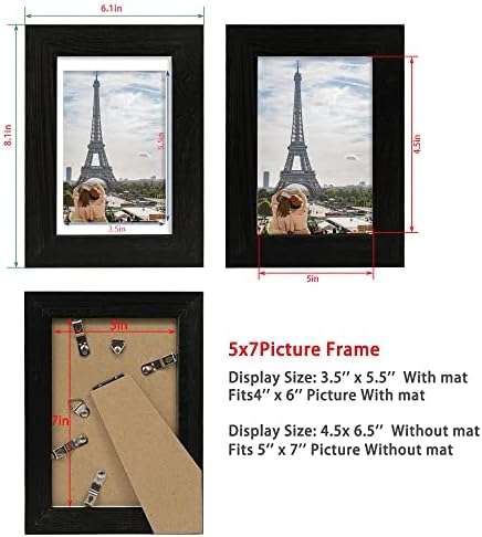 Hongkee 5x7 Picture Frame Set of 4, Made of Real Glass and Rustic Black Wooden Frame, 5 by 7 Photo for Wall or Tabletop - Display Picture 4x6 with Mat or 5x7 Without Mat