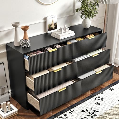 6 Drawers Fluted Dresser for Bedroom, 55" Wide Wooden Dresser with Deep Drawers, Large Floor Chest of Drawers, Modern Long TV Stand, Storage Cabinet Side Table, Black