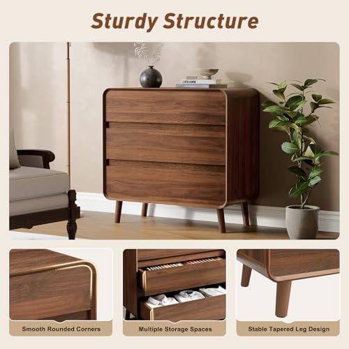 Nasonet 3 Drawer Dressers for Bedroom, Mid Century Modern Chests of Drawers, Curved Dresser with Storage Drawer, Wooden Bedroom Furniture Drawer for Closet, Home Office, Walnut