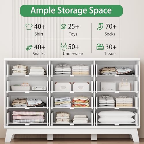 Xixini Fluted Dresser for Bedroom with 12 Drawers, 57" Wide Modern Chest of Drawers with Metal Handle, Wooden Dresser TV Stand, Wood Closet Clothes Storage Organizer for Living Room, Hallway, White