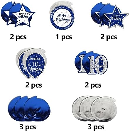 Happy 10th Birthday Blue & Silver Glitter Swirls Streamers Party Decorations - 15 Pcs 10th Birthday Hanging Swirls Streamers Kit,Cheers to Ten Years Old Bday Party Sign.